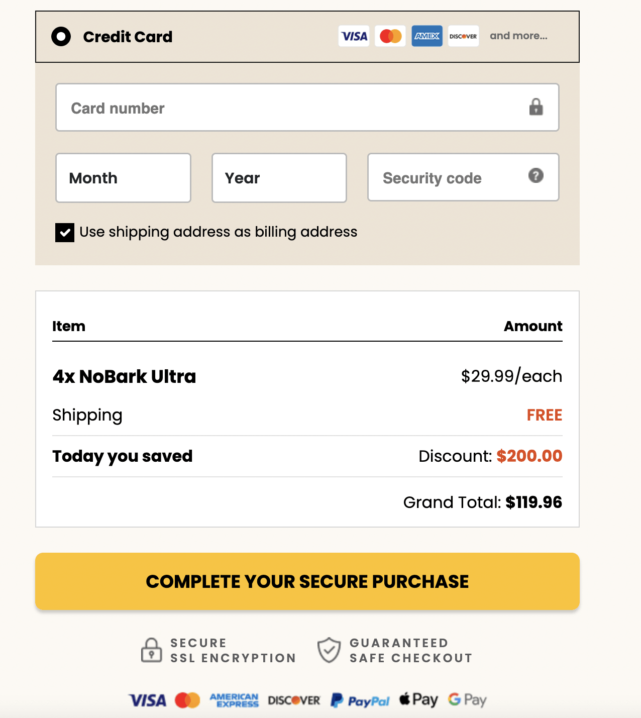 NoBark Ultra secure checkout page